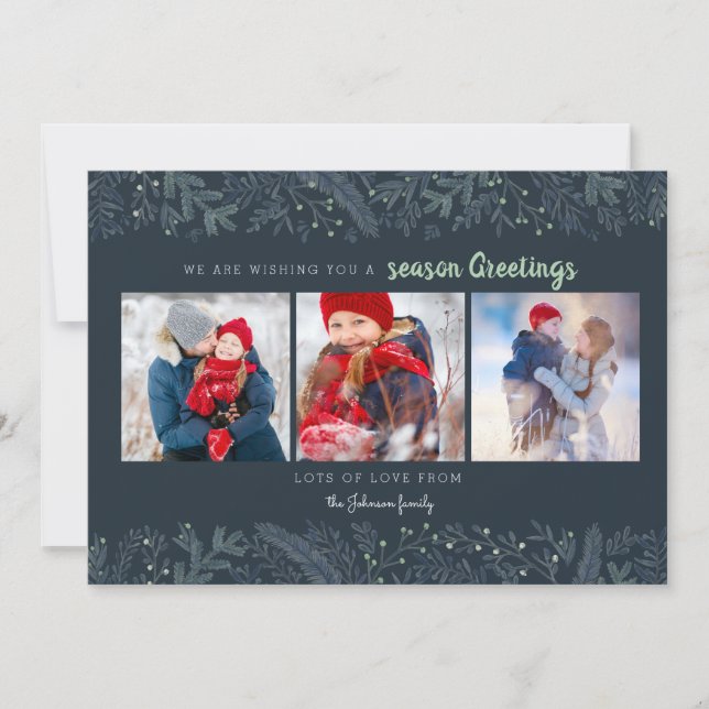 Tarjeta Festiva Elegante Pine Vines Green Blue Season Greetings (Anverso)