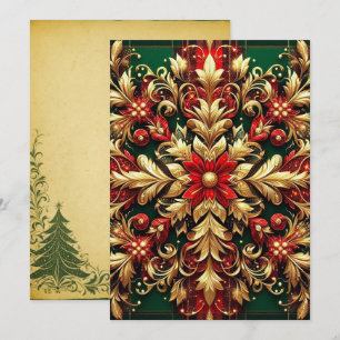 Tarjeta Festiva Elegante Plaid Festivo Rojo Verde Dorado