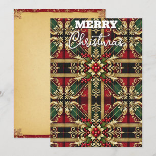 Tarjeta Festiva Elegante Plaid Festivo Rojo Verde Dorado
