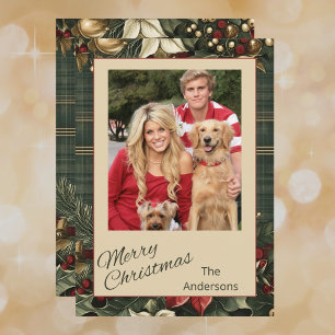 Tarjeta Festiva Elegante Plaid & Poinsettia Merry Christmas Photo