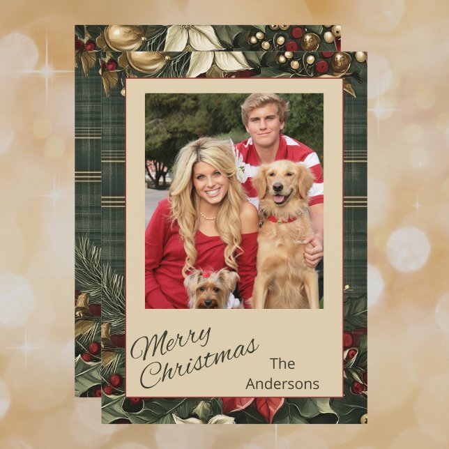 Tarjeta Festiva Elegante Plaid & Poinsettia Merry Christmas Photo (Subido por el creador)