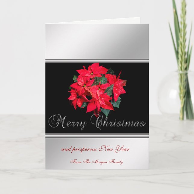 Tarjeta Festiva Elegante Plata, Negro, Poinsettia - Personalizado (Anverso)