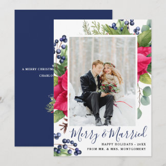 Tarjeta Festiva Elegante Poinsettia Blue Merry y foto casada