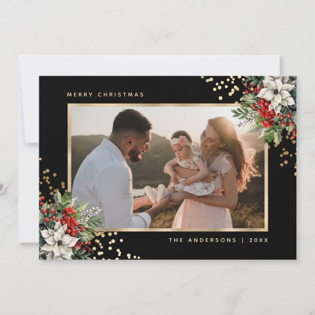 Tarjeta Festiva Elegante Poinsettia de oro negro Holly Berries Fot (Anverso)