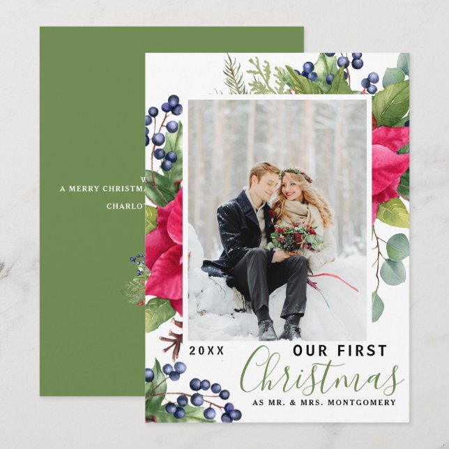 Tarjeta Festiva Elegante Poinsettia Foto Nuestro primer verde de N (Anverso / Reverso)