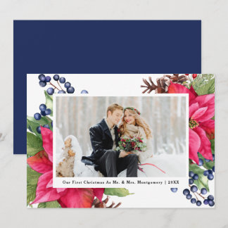 Tarjeta Festiva Elegante Poinsettia Nuestra primera foto azul de N