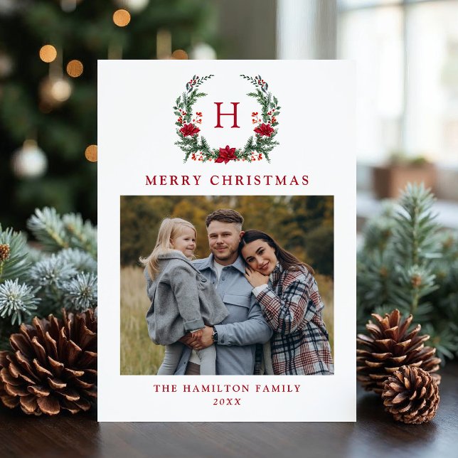 Tarjeta Festiva Elegante Poinsettia Wreath Monograma Foto (Subido por el creador)