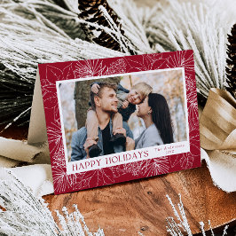 Tarjeta Festiva Elegante Poinsettias y Pinecones Cranberry Photo