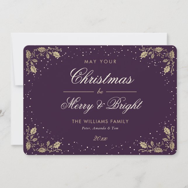 Tarjeta Festiva Elegante Purple Gold Holly Nieve (Anverso)
