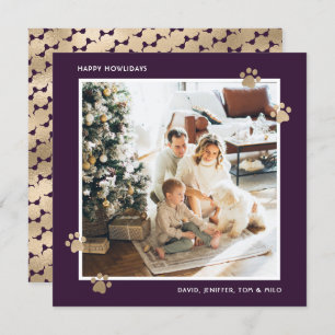 Tarjeta Festiva Elegante Purple Gold Paw Photo Happy Howlidays