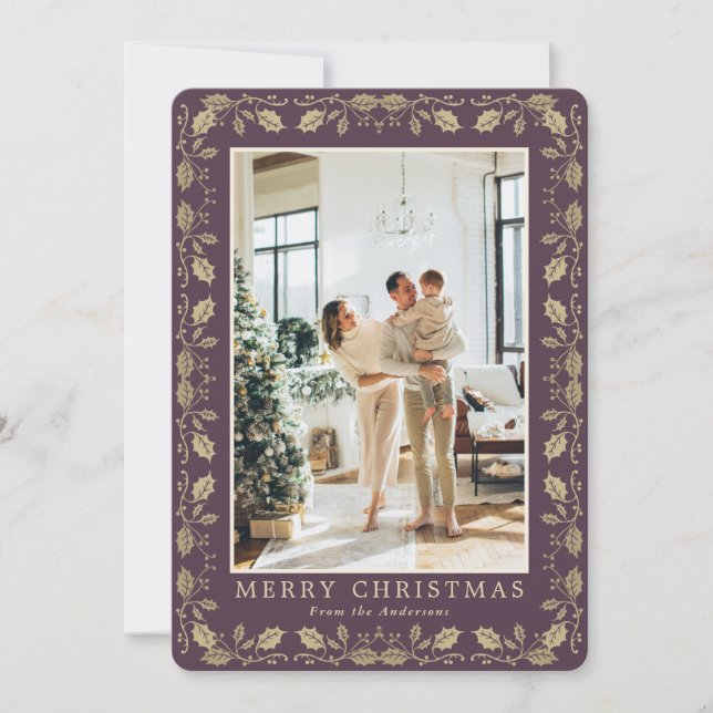 Tarjeta Festiva Elegante Purple Gold Photo Merry Christmas Card (Anverso)