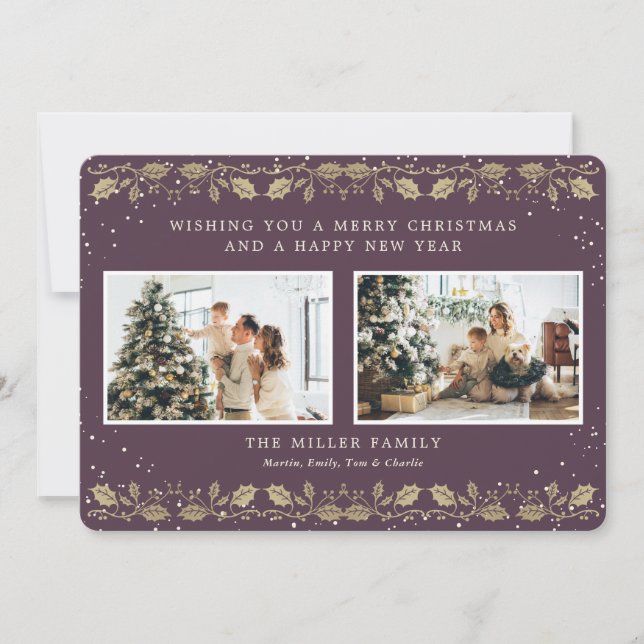 Tarjeta Festiva Elegante Purple Gold Snow Holly 2 Photo (Anverso)