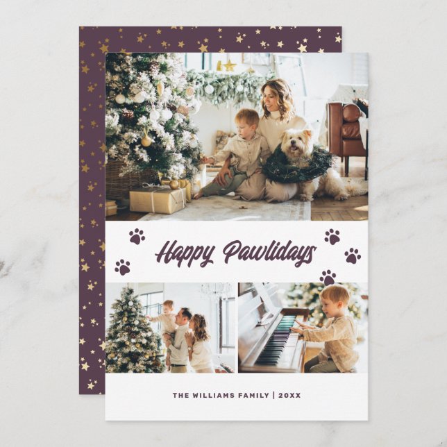Tarjeta Festiva Elegante Purple Happy Pawlidays Gold Stars (Anverso / Reverso)