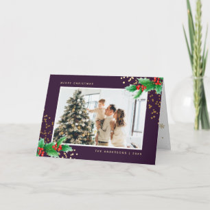 Tarjeta Festiva Elegante Purple Holly Foto Merry Christmas Card