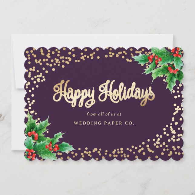 Tarjeta Festiva Elegante Purple Holly Snow Business (Anverso)