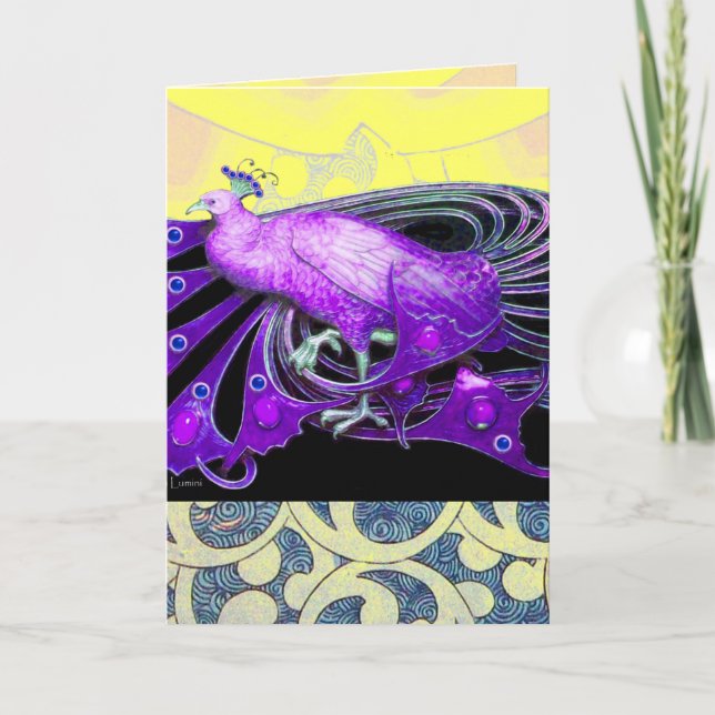 TARJETA FESTIVA ELEGANTE PURPLE PEACOCK CON NAVES GEOMÉTRICAS (Anverso)