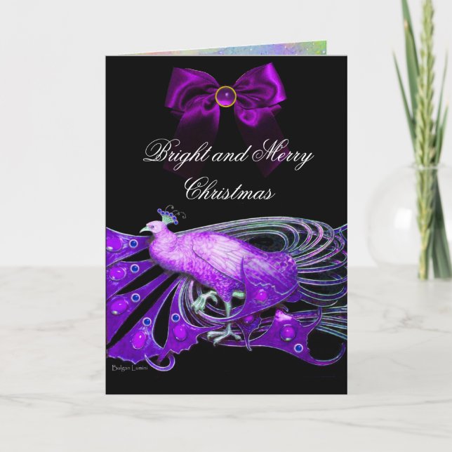 TARJETA FESTIVA ELEGANTE PURPLE PEACOCK, PIEDRA DE GEM Y NAVIDADES (Anverso)