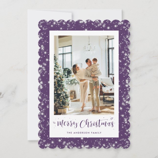 Tarjeta Festiva Elegante Purple Sparkly Photo Merry Christmas Card (Anverso)