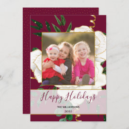 Tarjeta Festiva Elegante Purpurina de Rosas Blancas Vintage Glam R