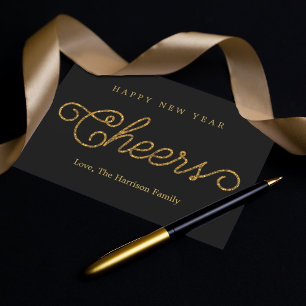 Tarjeta Festiva Elegante Purpurina negro y oro celebra Año Nuevo