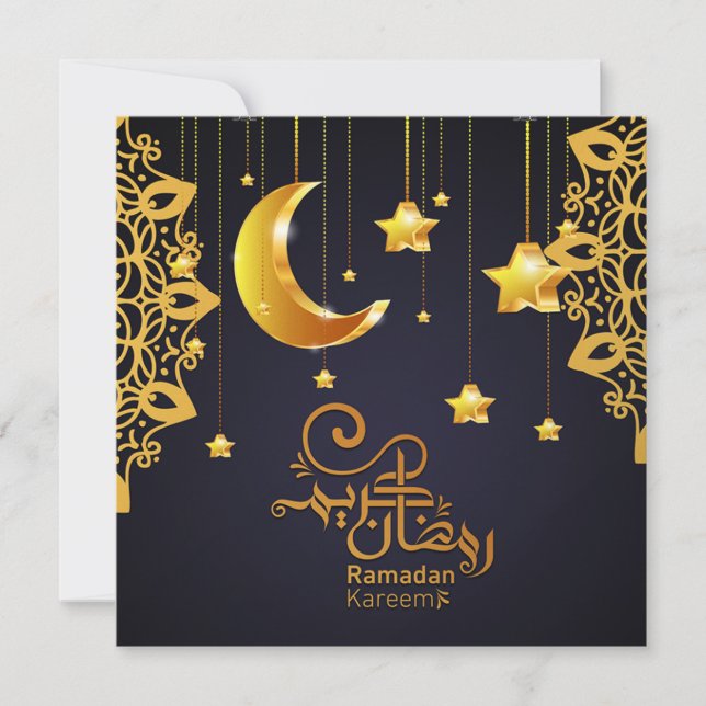 Tarjeta Festiva Elegante Ramadan Mubarak Negro Estrellas Crescenta (Anverso)