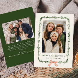 Tarjeta Festiva Elegante Red Bow Greenery Garland Cream 2 Foto