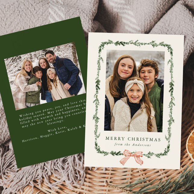 Tarjeta Festiva Elegante Red Bow Greenery Garland Cream 2 Foto (Subido por el creador)