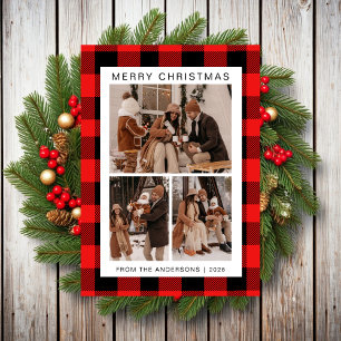 Tarjeta Festiva Elegante Red Buffalo Plaid Navidades Familia 3 Fot