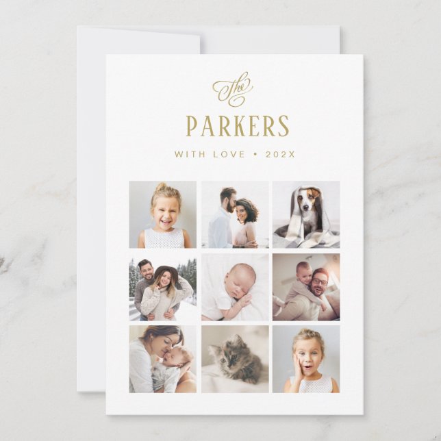 Tarjeta Festiva Elegante Red de fotografías multifamiliares de oro (Anverso)