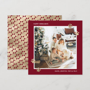 Tarjeta Festiva Elegante Red Gold Paw Photo Happy Howlidays