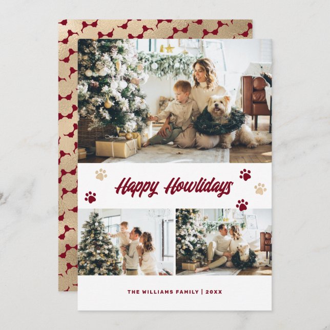 Tarjeta Festiva Elegante Red Gold Paws Photo Happy Howlidays (Anverso / Reverso)