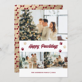 Tarjeta Festiva Elegante Red Gold Photo Happy Pawlidays Card