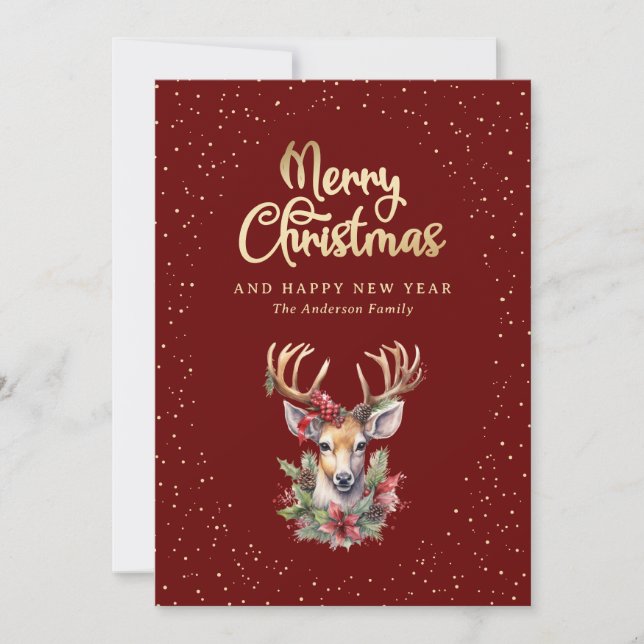 Tarjeta Festiva Elegante Red Gold Watercolor Deer Snow (Anverso)