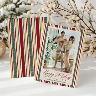 Tarjeta Festiva Elegante Red Green Stripes Felices Fiestas 1 Foto