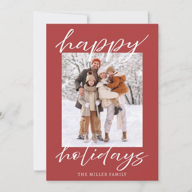 Tarjeta Festiva Elegante Red Happy Holidays Photo Card Navidades (Anverso)
