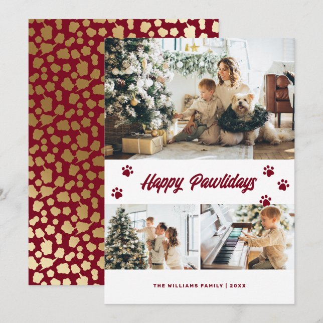 Tarjeta Festiva Elegante Red Happy Pawlidays Gold Stars (Anverso / Reverso)