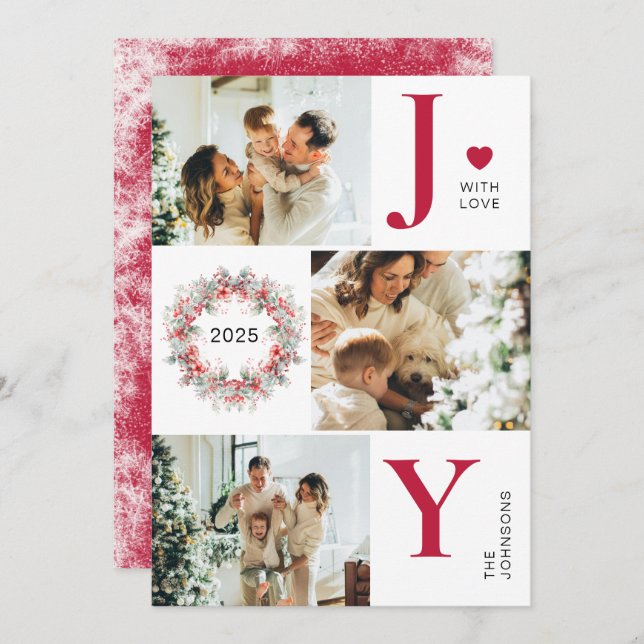 Tarjeta Festiva Elegante Red Holly Berries 3 Navidades de Alegría  (Anverso / Reverso)