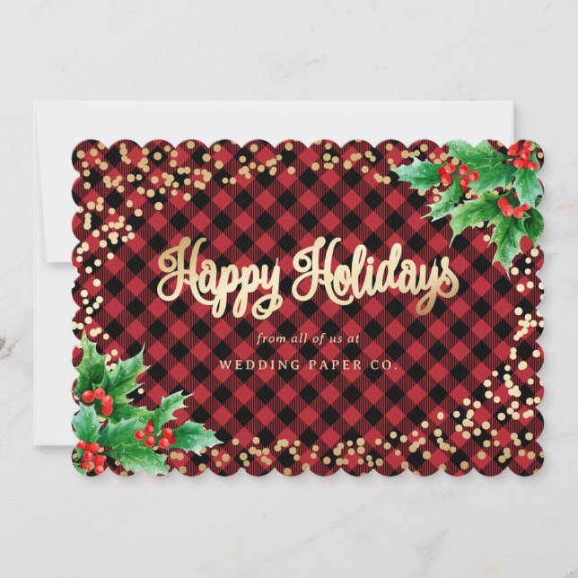 Tarjeta Festiva Elegante Red Plaid Watercolor Holly Business (Anverso)