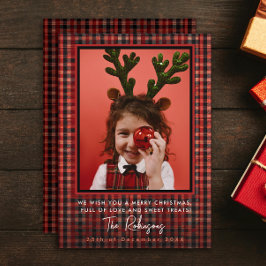 Tarjeta Festiva Elegante Red Tartan Plaid Navidades Foto de la emp