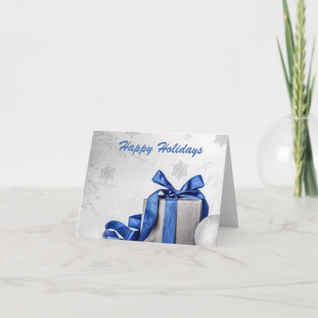 Tarjeta Festiva Elegante Regalo de Plata con Cinta Azul Plata Niev (Anverso)