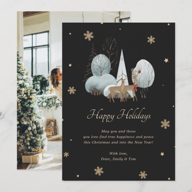 Tarjeta Festiva Elegante reno de copo de nieve de oro negro (Anverso / Reverso)