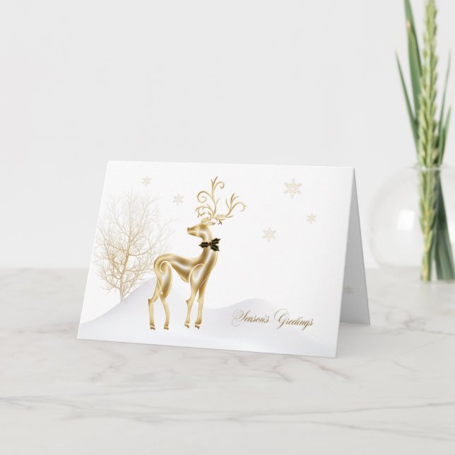 Tarjeta Festiva Elegante reno dorado, escena invernal (Anverso)