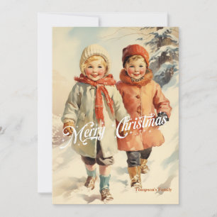 Tarjeta Festiva Elegante retro vintage niños clásicos con trineos