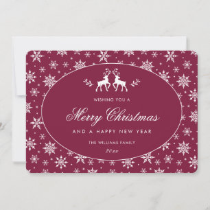 Tarjeta Festiva Elegante Rojo Clarete Blanco Copo de Nieve Reno