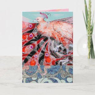 TARJETA FESTIVA ELEGANTE ROJO PEACOCK CON NAVES GEOMÉTRICAS