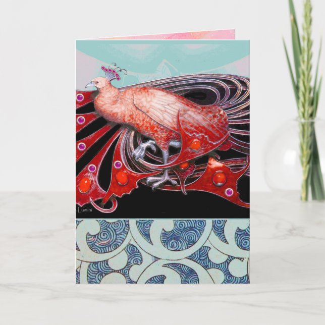 TARJETA FESTIVA ELEGANTE ROJO PEACOCK CON NAVES GEOMÉTRICAS (Anverso)