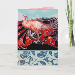 TARJETA FESTIVA ELEGANTE ROJO PEACOCK CON NAVES GEOMÉTRICAS