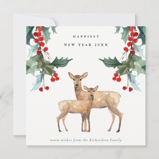 TARJETA FESTIVA ELEGANTE ROJO VERDE HOLLY BERRY DEER DUO AÑO NUEVO (Anverso)
