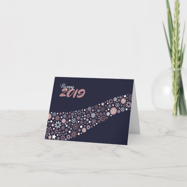 Tarjeta Festiva Elegante rosa dorado, azul, copo de nieve de invie (Anverso)