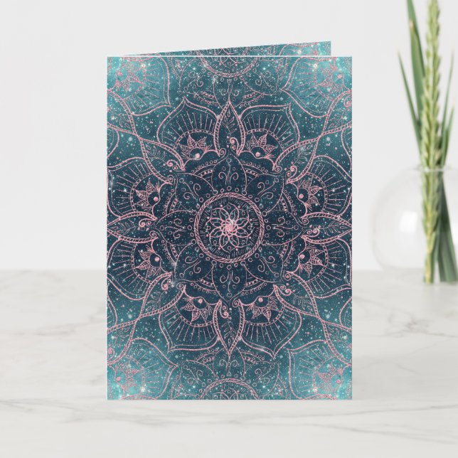 Tarjeta Festiva Elegante Rosa Gold Mandala Blue Nebula Stars (Anverso)